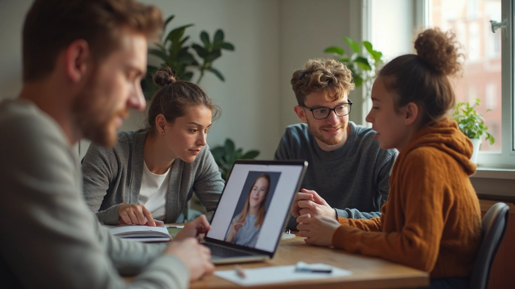 Groep studenten in online Nederlands les met docent op scherm