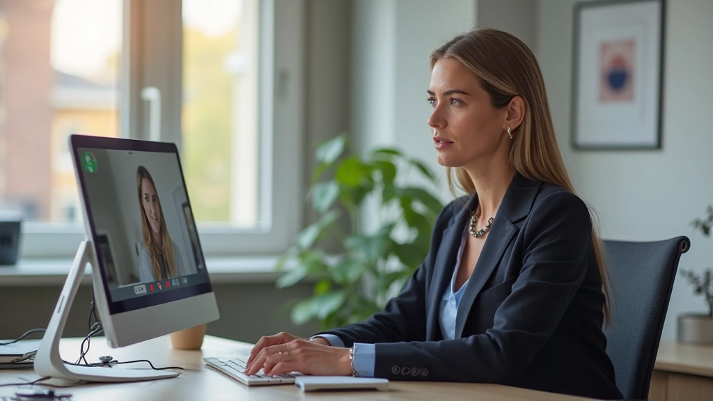 Nederlandse taalleraar geeft online les via videocall in modern kantoor