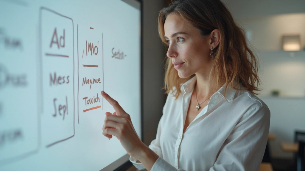 Docent wijst naar grammaticaschema op digitaal bord tijdens Nederlandse les