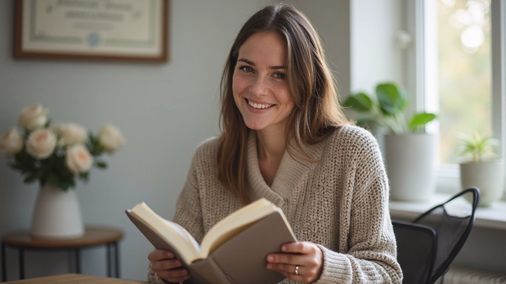 Expat vrouw die Nederlands studeert met een Nederlandse taalcertificaat op de achtergrond