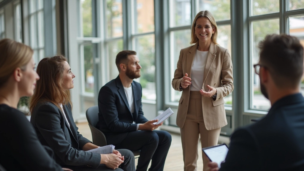 Instructeur begeleidt gespreksoefening met enthousiaste studenten in moderne trainingsruimte