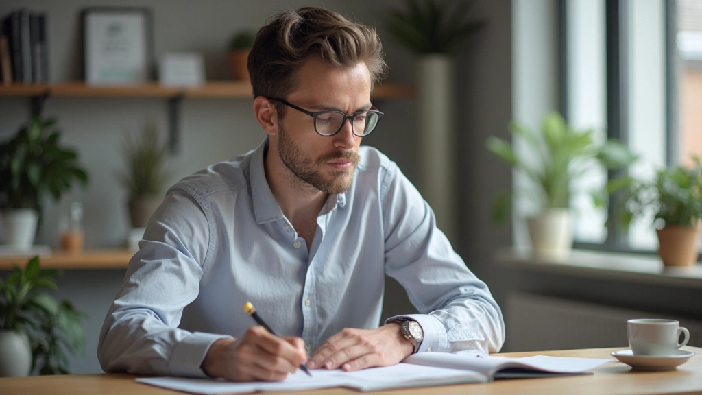 Jonge professionele man die Nederlands studeert met aantekeningen en taalboeken op zijn bureau