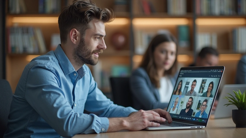 Nederlandse taalleraar geeft online les via videocall in modern kantoor