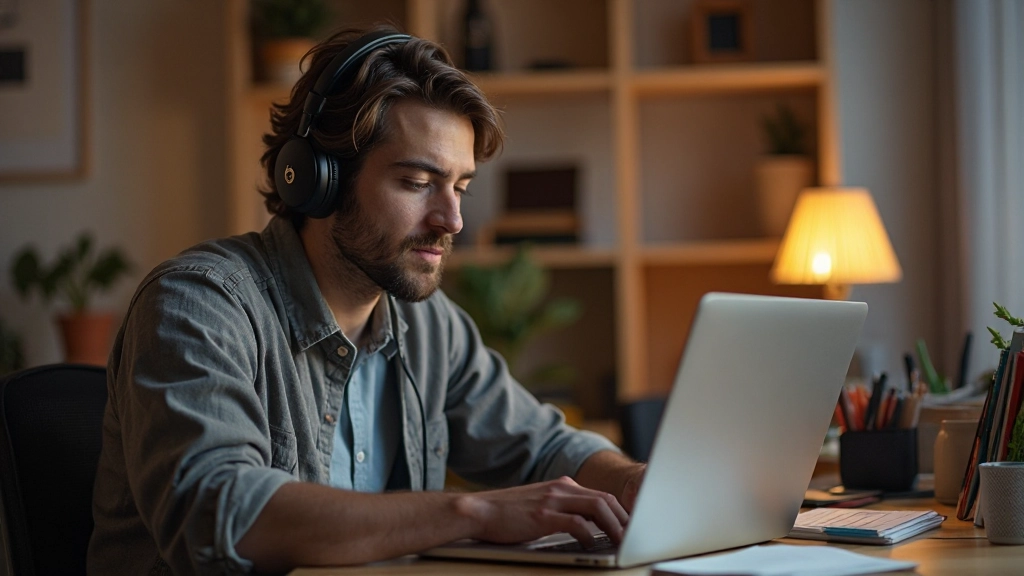 Leerling werkt zelfstandig aan Nederlandse oefeningen op laptop in comfortabele thuisstudeeromgeving met koptelefoon