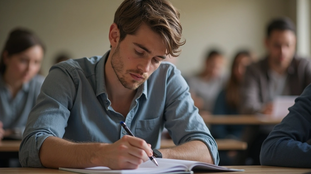 Student neemt aandachtig notities terwijl instructeur uitleg geeft in conversatiegroep