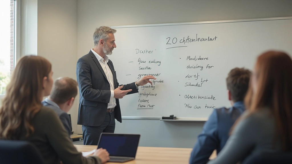 Leerkracht geeft gedetailleerde les over Nederlandse grammatica aan kleine groep leerders met whiteboard vol notities