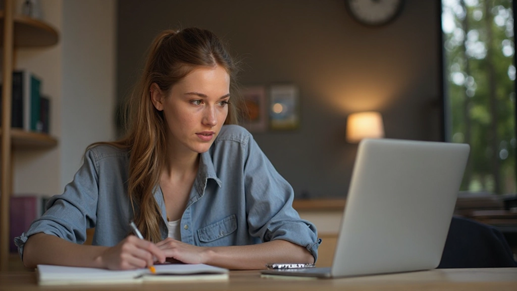 Persoon studeert Nederlands met AI-ondersteunde leerplatform op laptop in moderne werkruimte