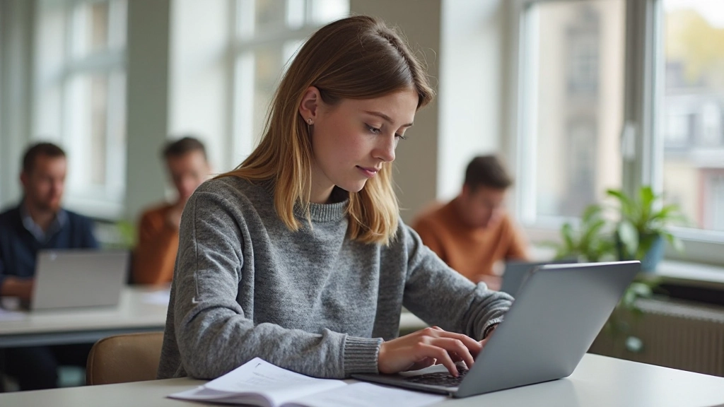 Leerling werkt aan Nederlandse grammatica met interactieve oefeningen op tablet in modern klaslokaal